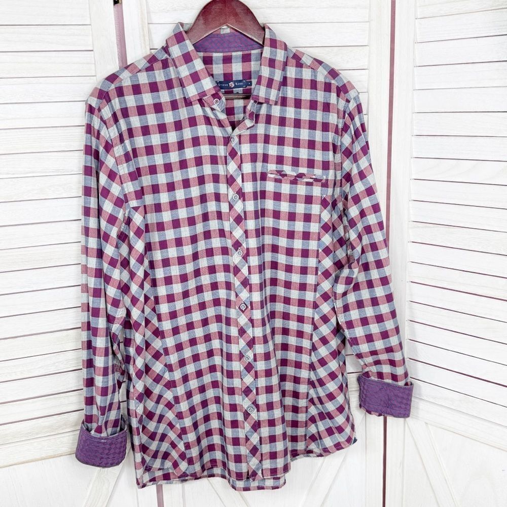 Stone Rose Buffalo Check Plaid‎ Button Up Shirt Blue Maroon Size XL 5